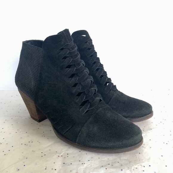 Free People Loveland Black Suede Snake Embossed Boot Cut out Details - Size 8.5